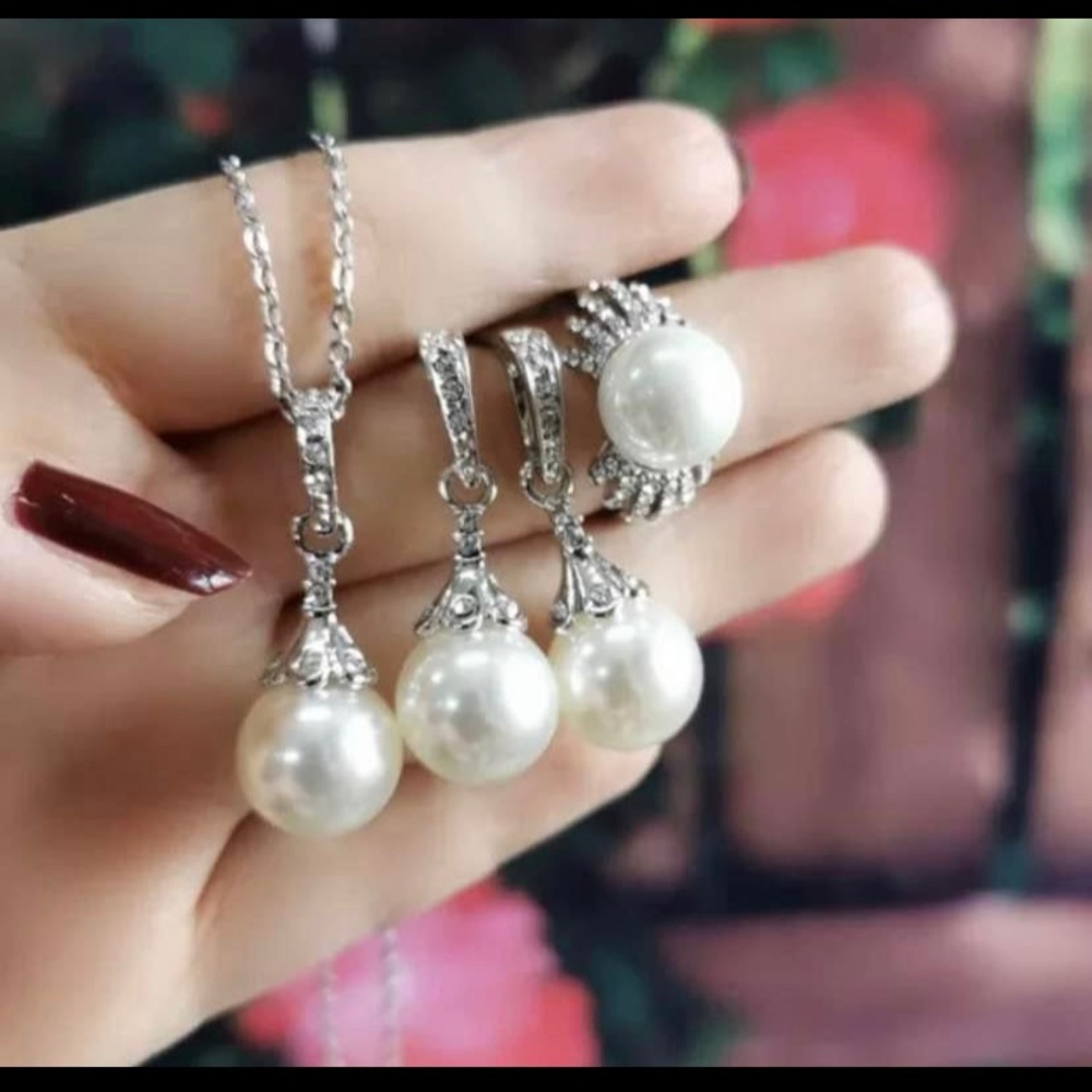 🍀New Pearl Pendant chain Necklace Earrings & Ring(size:US 8) jewelry gift Set